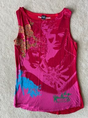 Desigual Cirque Du Soleil Pink Red Graphic Beaded Tank Top